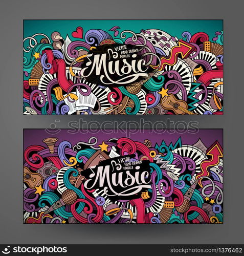 Cartoon colorful vector hand drawn doodles music corporate identity. 2 Horizontal banners design. Templates set. Cartoon hand-drawn doodles Musical banners