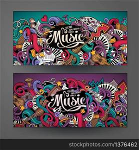 Cartoon colorful vector hand drawn doodles music corporate identity. 2 Horizontal banners design. Templates set. Cartoon hand-drawn doodles Musical banners