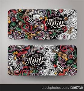 Cartoon colorful vector hand drawn doodles music corporate identity.2 orizontal banners design. Templates set. Cartoon hand-drawn doodles Musical banners