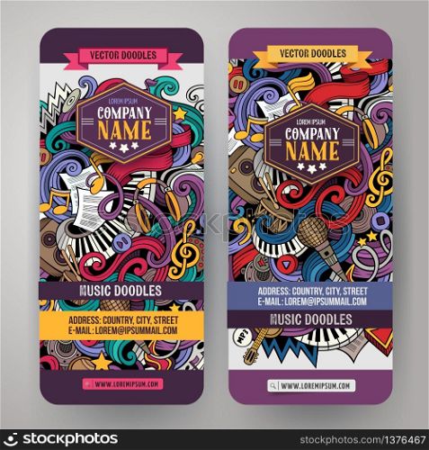 Cartoon colorful vector hand drawn doodles music corporate identity. 2 vertical banners design. Templates set. Cartoon hand-drawn doodles Musical banners