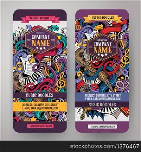 Cartoon colorful vector hand drawn doodles music corporate identity. 2 vertical banners design. Templates set. Cartoon hand-drawn doodles Musical banners