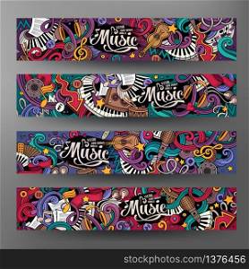 Cartoon colorful vector hand drawn doodles music corporate identity. 4 Horizontal banners design. Templates set. Cartoon hand-drawn doodles Musical banners