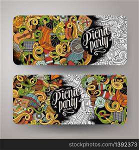 Cartoon colorful vector hand drawn doodles picnic theme corporate identity. 2 Horizontal banners design. Templates set. Cartoon vector picnic doodle vertical banners