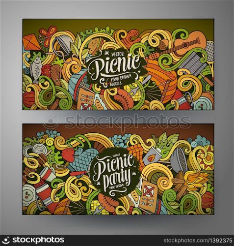 Cartoon colorful vector hand drawn doodles picnic theme corporate identity. 2 Horizontal banners design. Templates set. Cartoon vector picnic doodle vertical banners