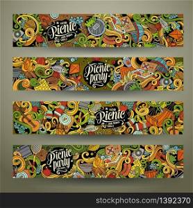 Cartoon colorful vector hand drawn doodles picnic theme corporate identity. 4 Horizontal banners design. Templates set. Cartoon doodles picnic banners