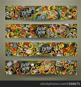 Cartoon colorful vector hand drawn doodles picnic theme corporate identity. 4 Horizontal banners design. Templates set. Cartoon vector picnic doodle vertical banners