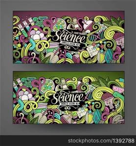 Cartoon colorful vector hand drawn doodles science corporate identity. 2 Horizontal banners design. Templates set. Cartoon vector doodles science banners
