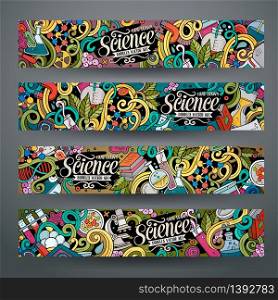 Cartoon colorful vector hand drawn doodles science corporate identity. 4 Horizontal banners design. Templates set. Cartoon vector doodles science banners