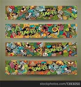 Cartoon colorful vector hand drawn doodles summer corporate identity. 4 Horizontal banners design. Templates set. Cartoon vector doodles summer banners