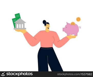 Cartoon colorful woman choosing between saving cash in bank and piggybank isolated on white. Female with financial literacy choose balance money economy big limbs style vector flat illustration. Cartoon colorful woman choosing between saving cash in bank and piggybank