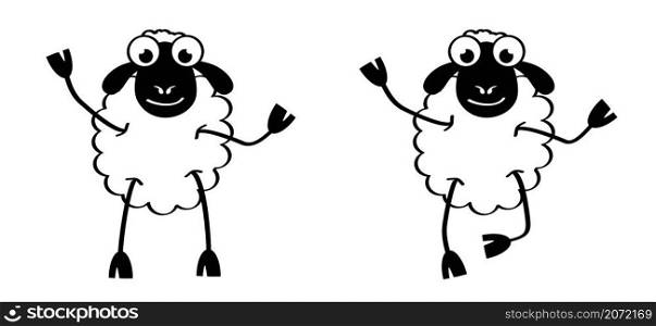 Cartoon, comic cute sheep stickman. sheep icon. Drawing black sheep lamb sign or pictogram. Stick figure character. Happy animal face.