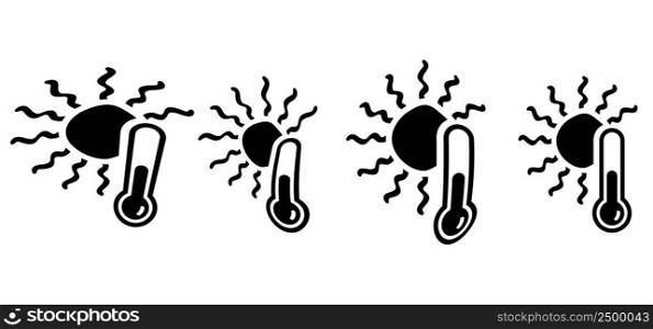 Cartoon, comic hot summer indicates icon. Weather thermometer. Vector high temperature attention sign. Sun weather thermometers icon. Sunbathe, UV factor. Sunny and rainy weather