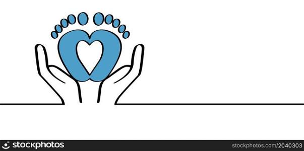 Cartoon, comic safe and foot print in hand concept. Line pattern. Slogan welcome, little boy. New born, pregnant or coming soon Blue footprints with Love heart icon. Flat vector pictogram.