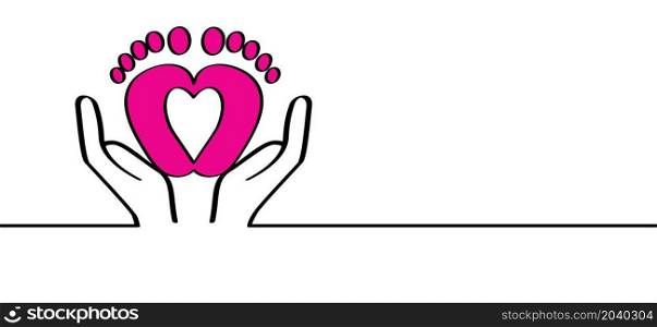 Cartoon, comic safe and foot print in hand concept. Line pattern. Slogan welcome, little girl. New born, pregnant or coming soon Roze footprints with Love heart icon. Flat vector pictogram.
