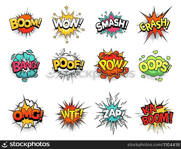 Cartoon comic sign burst clouds. Speech bubble, boom sign expression and pop art text frames. Comics mem expressions speech, superhero book bubbles label. Isolated vector symbols set. Cartoon comic sign burst clouds. Speech bubble, boom sign expression and pop art text frames vector set