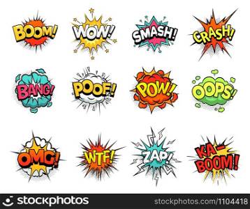 Cartoon comic sign burst clouds. Speech bubble, boom sign expression and pop art text frames. Comics mem expressions speech, superhero book bubbles label. Isolated vector symbols set. Cartoon comic sign burst clouds. Speech bubble, boom sign expression and pop art text frames vector set