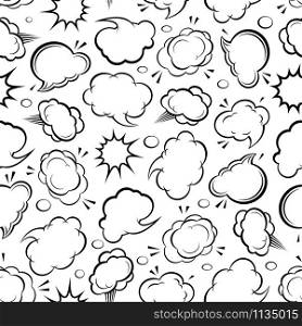 Cartoon comic speech bubbles and explosion clouds seamless background with black and white pattern of communication and sound balloons. Comic book flyleaf or interior textile design usage