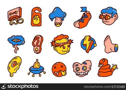 Cartoon comic sticker. Abstract psychedelic retro badges with pop art faces and funny characters. Vector illustrations stickers set funny fan artful patches. Cartoon comic sticker. Abstract psychedelic retro badges with pop art faces and funny characters. Vector stickers set