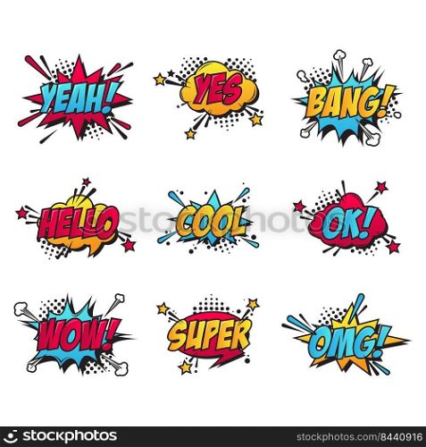 Cartoon comic text patches set. Bang, yes burst, omg sticker, super speech bubble, ok cloud. Flat vector illustrations for retro comic art, communication concept, stickers and labels design