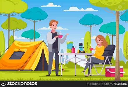 Cartoon composition with man and woman having picnic next to tent on camping place vector illustration