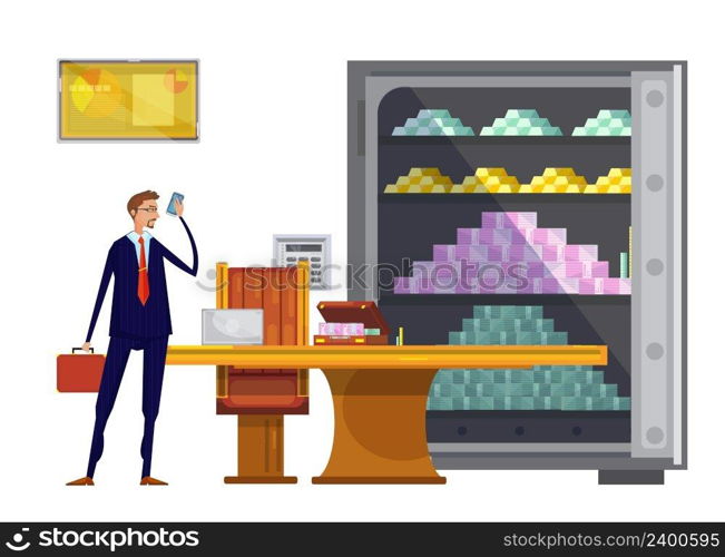 Cartoon composition with office safe box filled with tons of money and successful financial worker character vector illustration. Financial Wealth Flat Composition