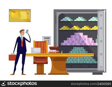 Cartoon composition with office safe box filled with tons of money and successful financial worker character vector illustration. Financial Wealth Flat Composition