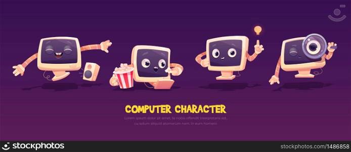 Cartoon computer character set. Cute pc desktop in different poses. funny mascot dancing with music dynamic, watch movie with popcorn, idea insight, seo technology, online research Vector illustration. Cartoon computer character set. Cute pc desktop