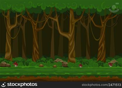 Cartoon computer games night forest landscape. Plant green, natural environment, wood and grass, vector illustration. Cartoon computer games night forest landscape
