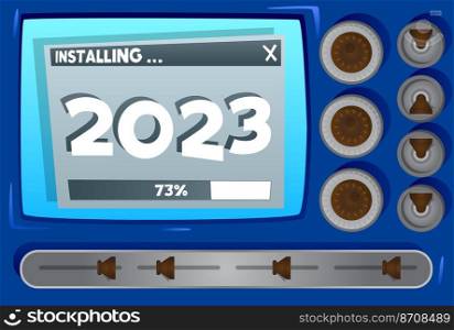 Cartoon Computer With the number 2023. Message of a screen displaying an installation window.