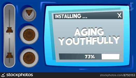 Cartoon Computer With the word Aging Youthfully. Message of a screen displaying an installation window.
