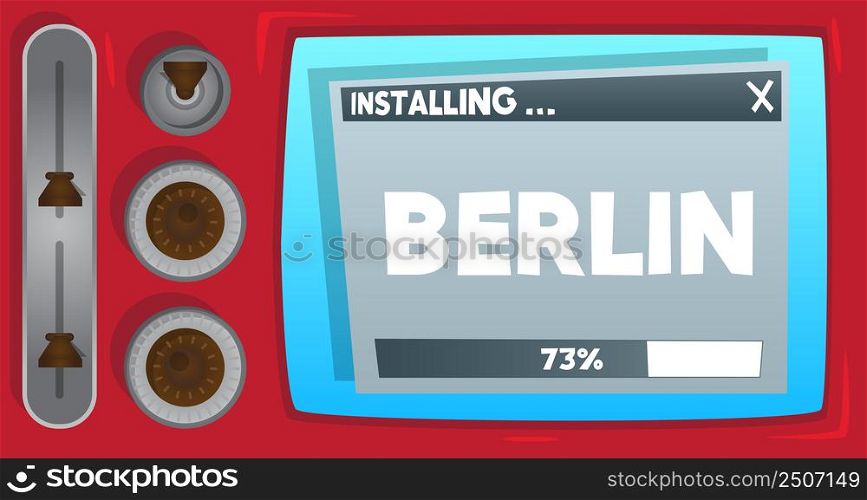 Cartoon Computer With the word Berlin. Message of a screen displaying an installation window.