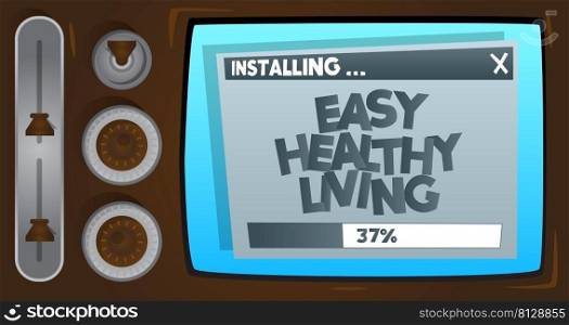 Cartoon Computer With the word Easy Healthy Living. Message of a screen displaying an installation window.