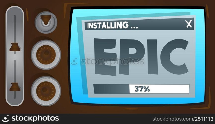 Cartoon Computer With the word Epic. Message of a screen displaying an installation window.