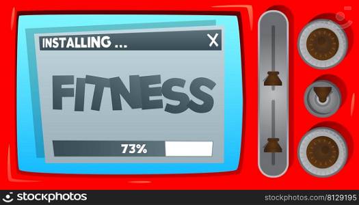 Cartoon Computer With the word Fitness. Message of a screen displaying an installation window.