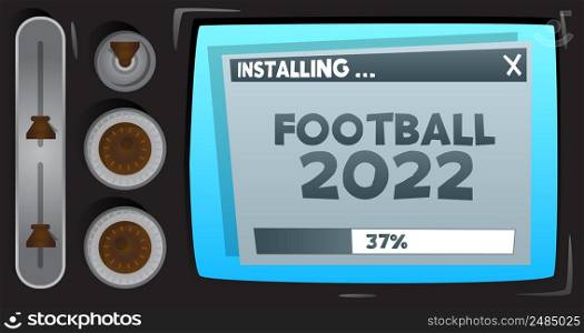Cartoon Computer With the word Football 2022. Message of a screen displaying an installation window.