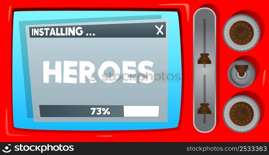 Cartoon Computer With the word Heroes. Message of a screen displaying an installation window.