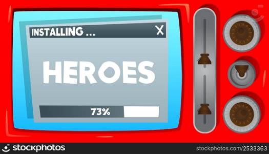 Cartoon Computer With the word Heroes. Message of a screen displaying an installation window.