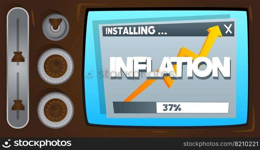 Cartoon Computer With the word Inflation. Message of a screen displaying an installation window.