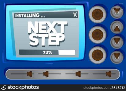 Cartoon Computer With the word Next Step. Message of a screen displaying an installation window.