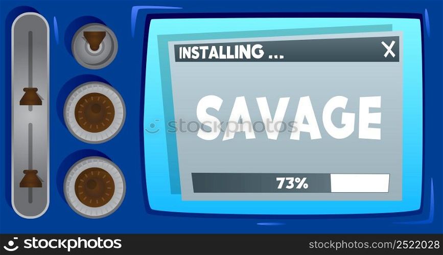 Cartoon Computer With the word Savage. Message of a screen displaying an installation window.