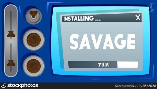 Cartoon Computer With the word Savage. Message of a screen displaying an installation window.