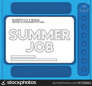 Cartoon Computer With the word Summer Job. Message of a screen displaying an installation window.