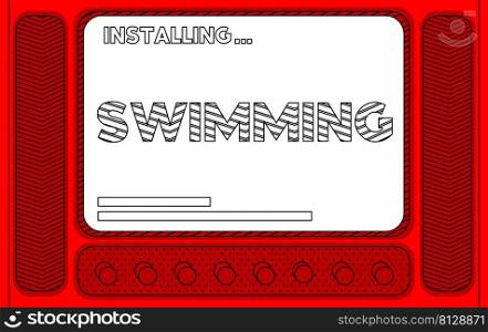 Cartoon Computer With the word Swimming. Message of a screen displaying an installation window.