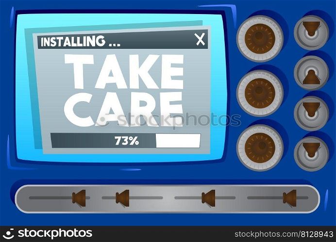 Cartoon Computer With the word Take Care. Message of a screen displaying an installation window.