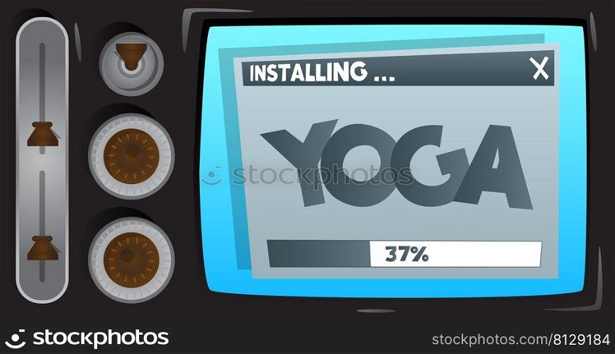 Cartoon Computer With the word Yoga. Message of a screen displaying an installation window.