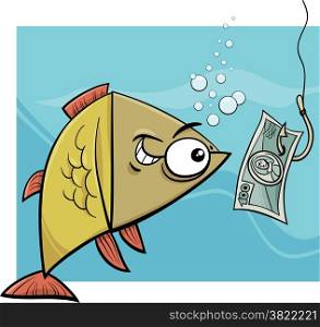 Cartoon Concept Humor Illustration of Funny Fish and Fishing Hook with Money Bait