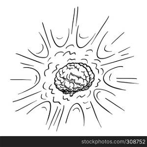 Cartoon conceptual drawing or illustration of excited or exploding human brain. Concept of creativity and intelligence.. Cartoon Drawing of Excited Human Brain Explosion
