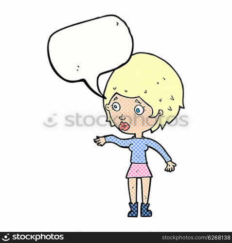 cartoon concerned woman reaching out with speech bubble