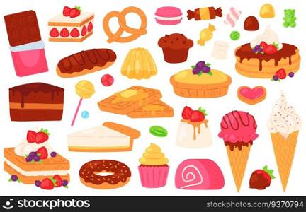 Cartoon confectionery sweets. Chocolate cake, cupcake, sweet baked pastry and pancakes, ice cream, jelly and eclair. Dessert food vector set. Illustration pancake and roll, caramel and macaroon. Cartoon confectionery sweets. Chocolate cake, cupcake, sweet baked pastry and pancakes, ice cream, jelly and eclair. Dessert food vector set