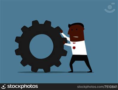 Cartoon confident dark skinned businessman pushing a gear wheel toward the goal. Business concept for business process or team work usage. Unhappy businessman pushing a gear wheel